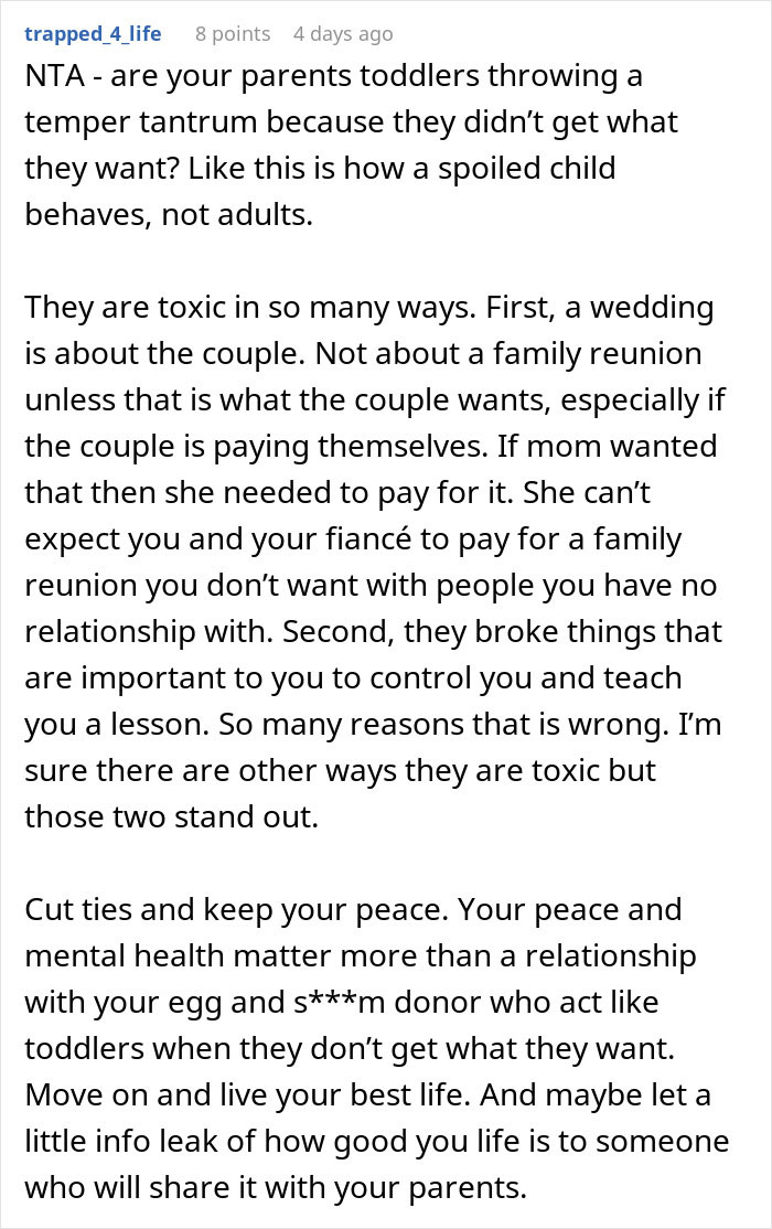 Comment discussing toxic parents and the man cutting off parents after their revenge over a small wedding plan.