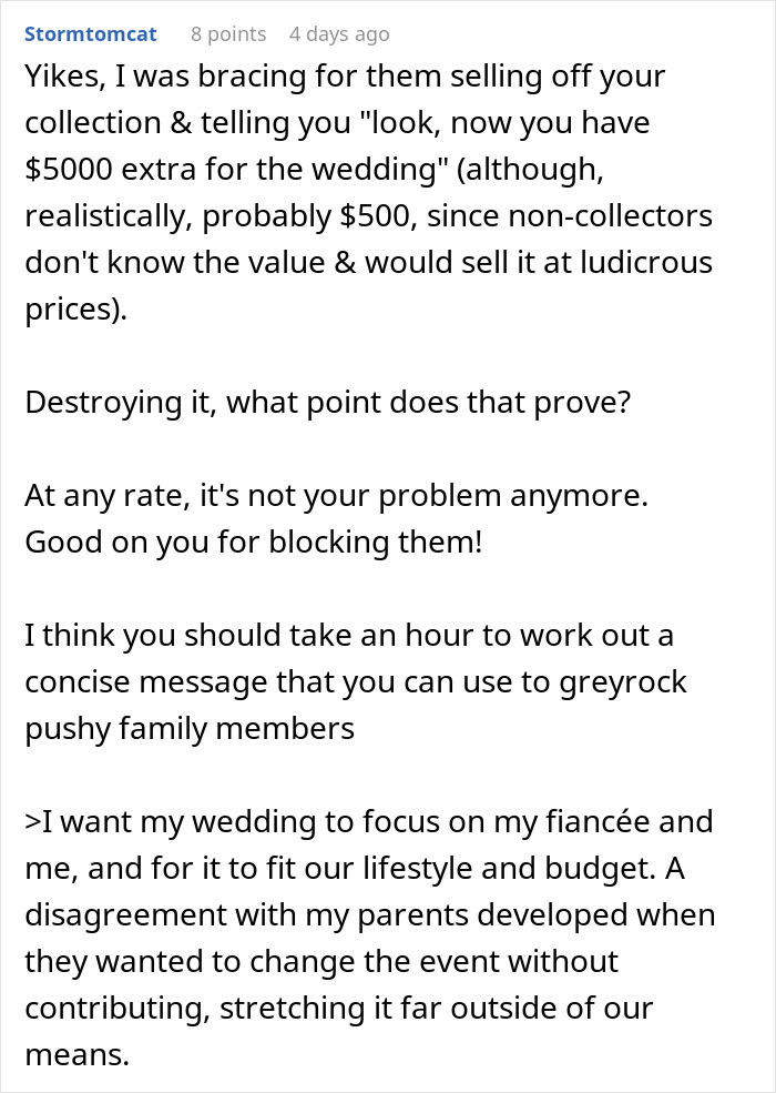 Text excerpt discussing a man cutting off parents after their revenge over his plans for a small wedding.