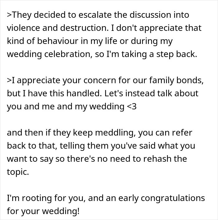Text message conversation about family conflict and wedding plans, focusing on man cutting off parents after their revenge.