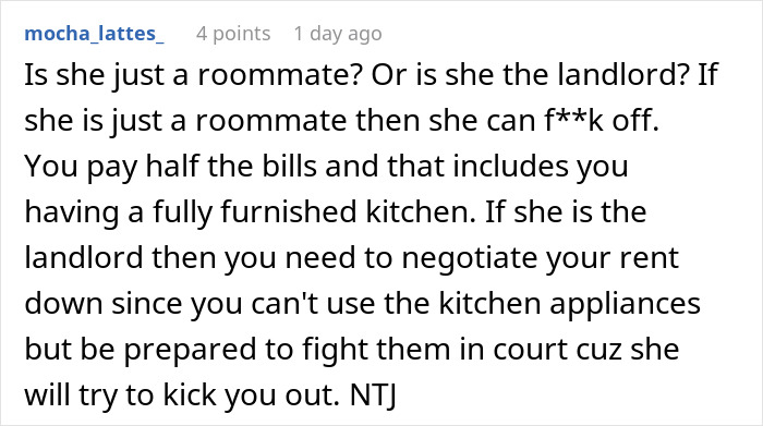 Commenter discusses refusal to follow roommate’s strict vegan rules in shared kitchen, highlighting conflict and accusations of selfishness. Commenter discusses refusal to follow roommate’s strict vegan rules in shared kitchen, highlighting conflict and accusations of selfishness.