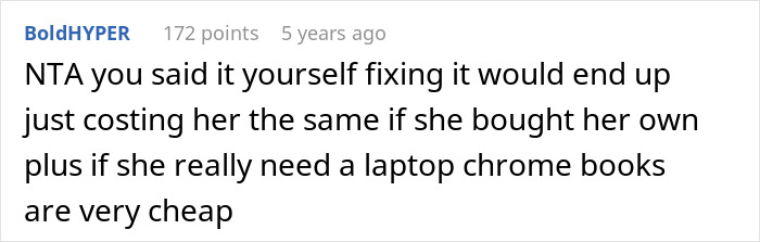 Screenshot of an online comment discussing laptop repair costs and mentioning cheap Chromebooks as alternatives.