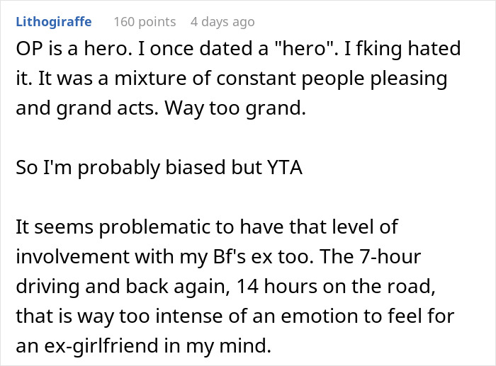 Comment discussing intense involvement with an ex-girlfriend and confusion over current partner's upset feelings. Comment discussing intense involvement with an ex-girlfriend and confusion over current partner's upset feelings.