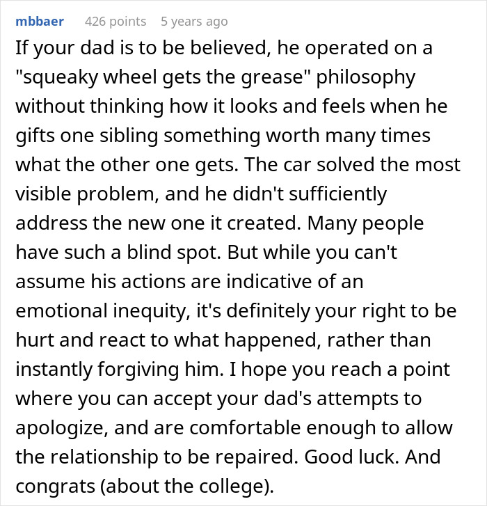Comment discussing teen mad at dad for gifting stepbro a car at Xmas, calling it favoritism over a gift card. Comment discussing teen mad at dad for gifting stepbro a car at Xmas, calling it favoritism over a gift card.