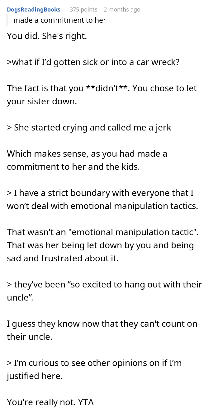 Screenshot of a discussion about babysit sister kids hockey, focusing on commitments and emotional boundaries. Screenshot of a discussion about babysit sister kids hockey, focusing on commitments and emotional boundaries.