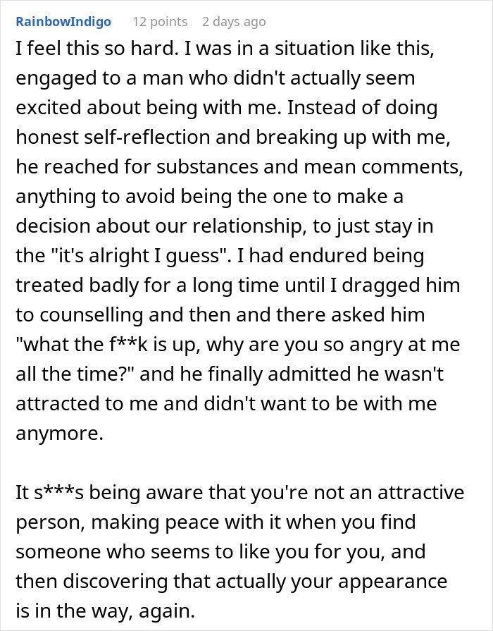 Woman shares experience of fiancé complaining about her appearance in secret texts, worried about their wedding photos. Woman shares experience of fiancé complaining about her appearance in secret texts, worried about their wedding photos.