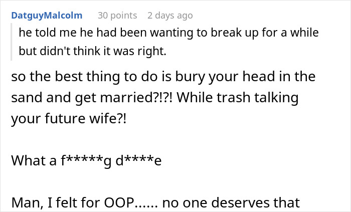 Screenshot of a comment discussing fiancé complaining about appearance and concerns over wedding photos. Screenshot of a comment discussing fiancé complaining about appearance and concerns over wedding photos.