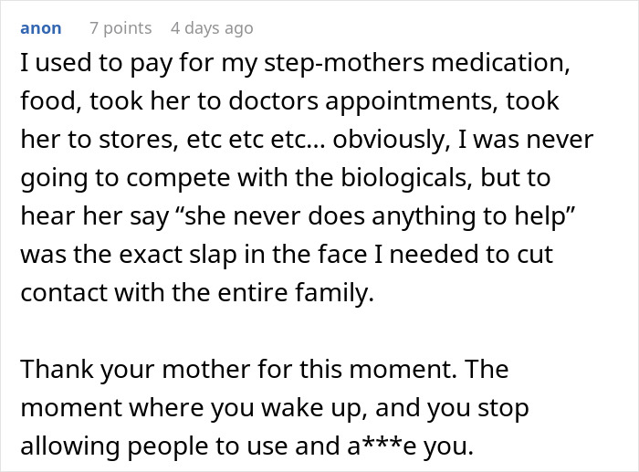 Text post describing a woman blinded by flowers from her son, not seeing how much her daughter is doing for her.