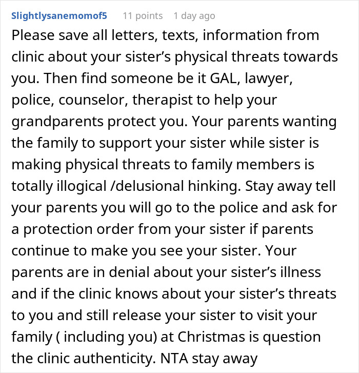 Comment advising to document sister’s threats and seek legal help to protect family before reuniting for Christmas. Comment advising to document sister’s threats and seek legal help to protect family before reuniting for Christmas.