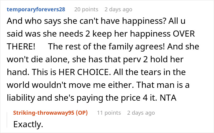Reddit conversation discussing a woman banning her mother-in-law&rsquo;s creepy husband, causing marriage issues and family conflict.