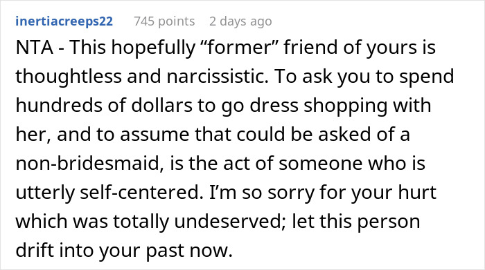 Text-based post discussing a painful friendship wake-up call during a wedding dress shopping trip.