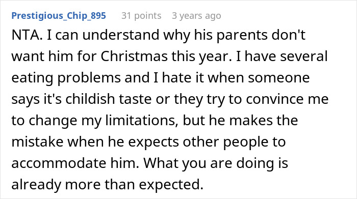 Comment explaining challenges of picky eating and resistance to changing family Christmas menu for one person. Comment explaining challenges of picky eating and resistance to changing family Christmas menu for one person.