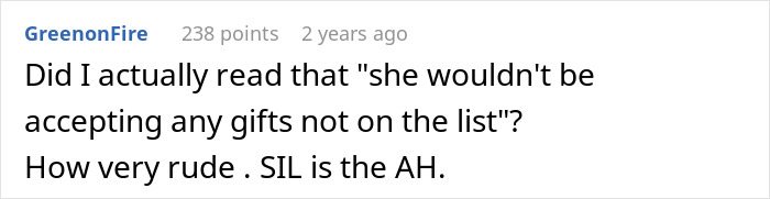 Screenshot of a Reddit comment discussing SIL Christmas gift list and opinions on gift acceptance rules. Screenshot of a Reddit comment discussing SIL Christmas gift list and opinions on gift acceptance rules.