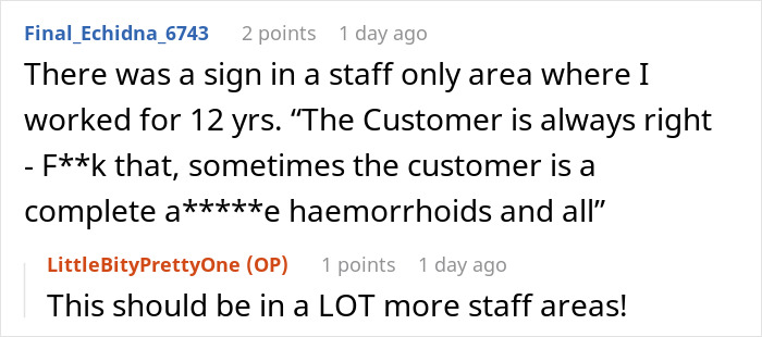 Comment exchange about staff-only area sign and customer behavior in a dining setting involving entitled waitress and revenge theme. Comment exchange about staff-only area sign and customer behavior in a dining setting involving entitled waitress and revenge theme.