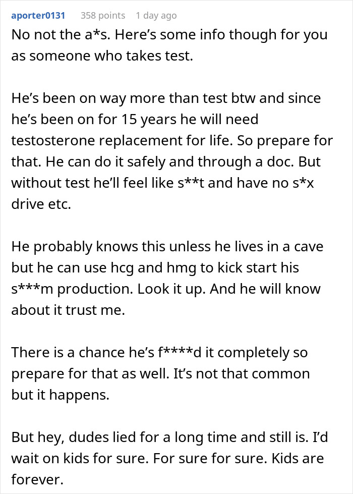 Alt text: Online discussion about testosterone replacement and men's health risks impacting future child's health concerns.