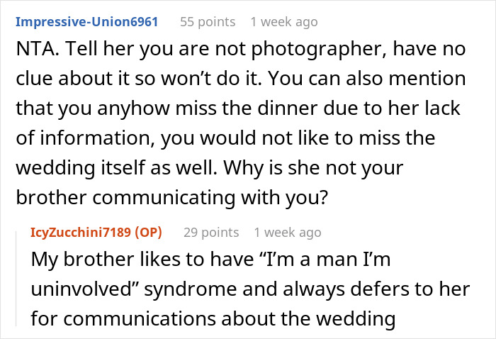Reddit conversation about bride asking groom’s sister to be wedding photographer for free, showing shock and refusal. Reddit conversation about bride asking groom’s sister to be wedding photographer for free, showing shock and refusal.