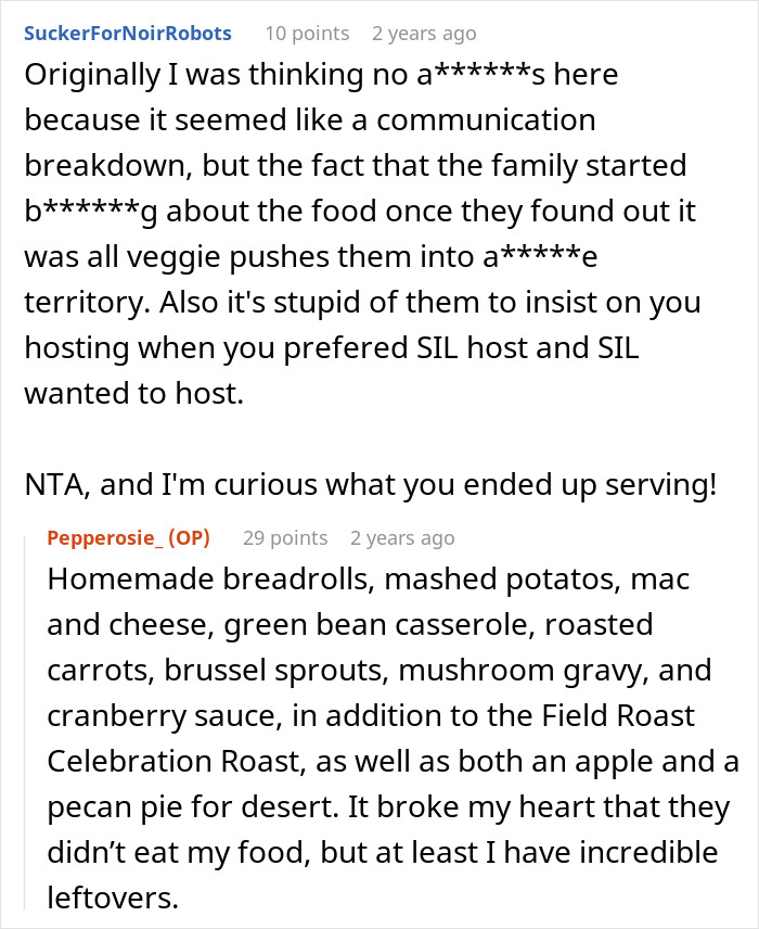 Conversation about family’s reaction to vegetarian host not preparing ham for Christmas and the food served instead. Conversation about family’s reaction to vegetarian host not preparing ham for Christmas and the food served instead.