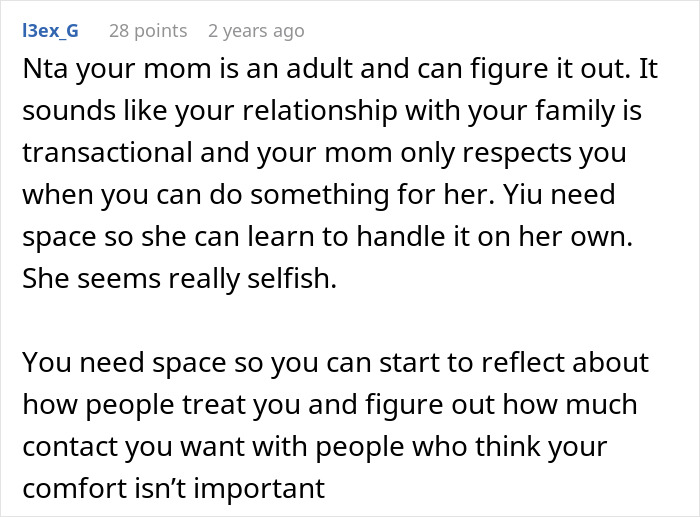 Reddit comment advising a 23-year-old on family dynamics and lack of childcare support after moving out. Reddit comment advising a 23-year-old on family dynamics and lack of childcare support after moving out.