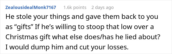 Comment discussing a woman confused about Christmas gifts from her boyfriend being the exact items that went missing earlier.