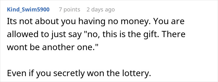 Woman thinks she deserves another Christmas gift after opening one early and gets a reality check in a text conversation.