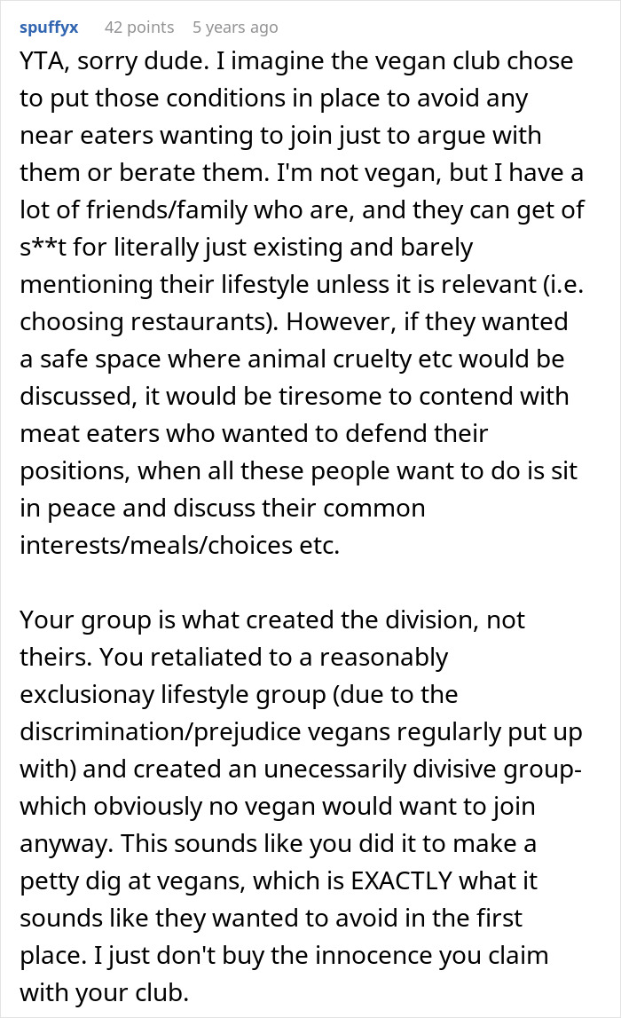 Comment discussing employee pushback against vegan-only club and sparking a literal beef over lifestyle choices.