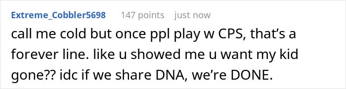 Screenshot of a Reddit comment discussing a mother’s anger after her sister called CPS on her autistic son. Screenshot of a Reddit comment discussing a mother’s anger after her sister called CPS on her autistic son.