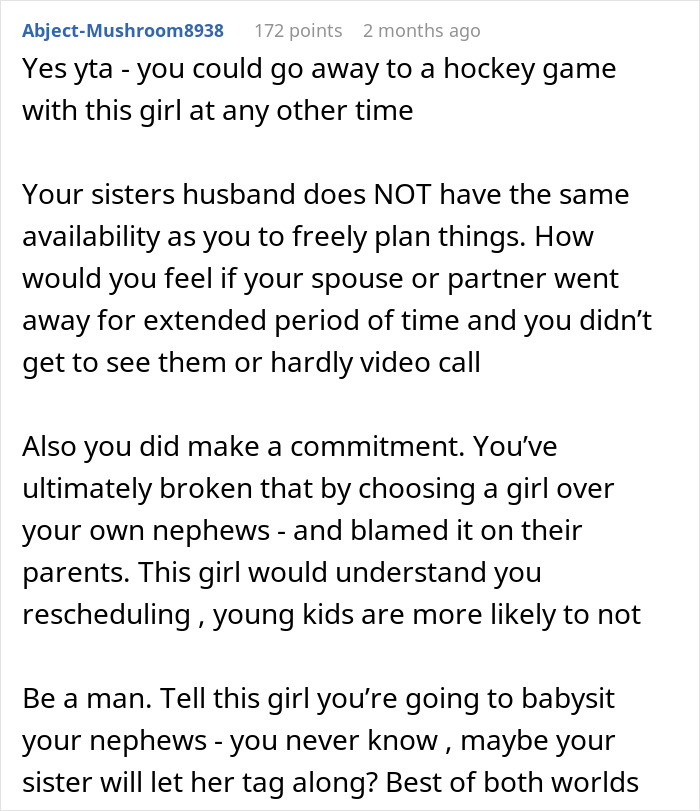Comment discussing babysit sister kids hockey plans and the challenges of balancing family commitments and priorities.