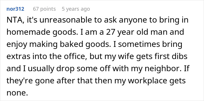 Comment discussing the opinion on bringing homemade goods vs store-bought desserts to an office potluck. Comment discussing the opinion on bringing homemade goods vs store-bought desserts to an office potluck.