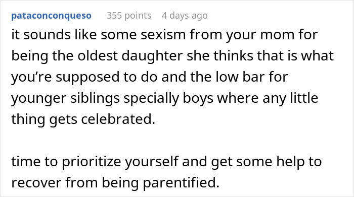 Comment highlighting how the woman is blinded by flowers from her son while overlooking her daughter’s efforts.