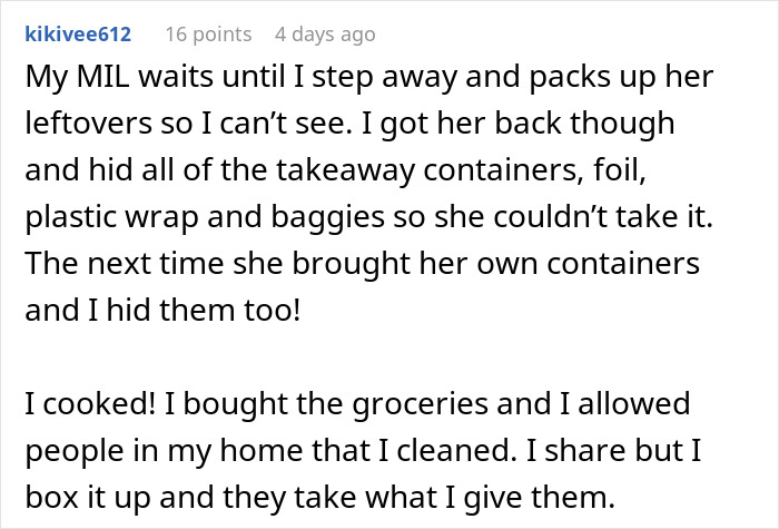 Comment discussing a couple hosting an expensive Thanksgiving dinner and dealing with missing leftovers after guests leave.