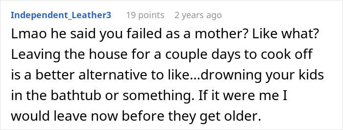 Comment discussing a mom running away from her kids, reflecting on parenting struggles and coping alternatives.