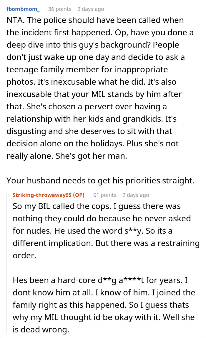 Screenshot of a Reddit discussion about banning MIL&rsquo;s creepy husband and the impact on family and marriage issues.