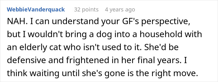 Screenshot of a Reddit comment discussing a girlfriend preventing a dog due to concerns for her elderly cat’s wellbeing. Screenshot of a Reddit comment discussing a girlfriend preventing a dog due to concerns for her elderly cat’s wellbeing.