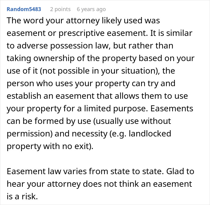 Comment explaining easement law related to property use, relevant to Karen Petty fence revenge dispute. Comment explaining easement law related to property use, relevant to Karen Petty fence revenge dispute.