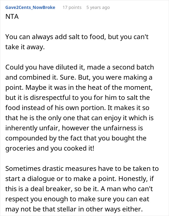 Comment discussing relationship conflict after boyfriend salts entire pot of chili, highlighting fairness and respect issues. Comment discussing relationship conflict after boyfriend salts entire pot of chili, highlighting fairness and respect issues.