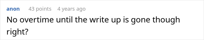 Screenshot of an online comment discussing overtime related to a manager forcing coffee shop worker to follow rules. Screenshot of an online comment discussing overtime related to a manager forcing coffee shop worker to follow rules.