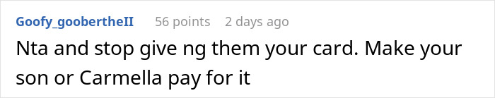 Text comment on a social platform advising not to give a card and suggesting making the son or girlfriend pay, related to mom accused of embarrassing son’s girlfriend. Text comment on a social platform advising not to give a card and suggesting making the son or girlfriend pay, related to mom accused of embarrassing son’s girlfriend.