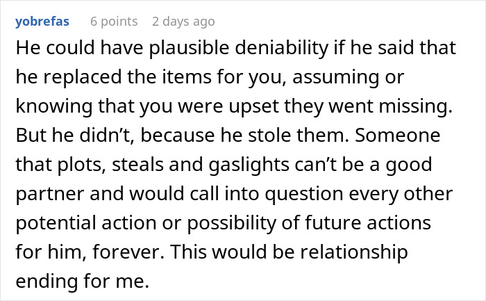 Comment explaining how a woman is confused about Christmas gifts from her boyfriend matching the exact items that went missing earlier.