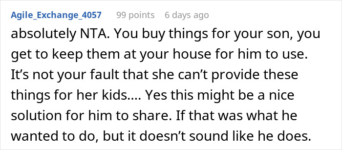 Screenshot of a Reddit comment defending a dad trying to protect his son’s gift from his ex’s new family drama.