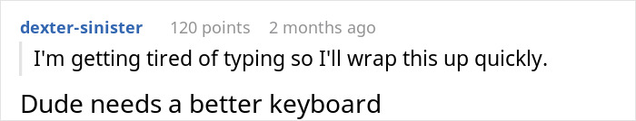 Text post showing user saying he is tired of typing and a comment about needing a better keyboard after lending a spare keyboard. Text post showing user saying he is tired of typing and a comment about needing a better keyboard after lending a spare keyboard.