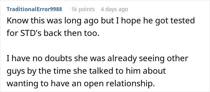 Reddit comment discussing a man’s fiancée’s unexpected request about open relationships months before their wedding. Reddit comment discussing a man’s fiancée’s unexpected request about open relationships months before their wedding.