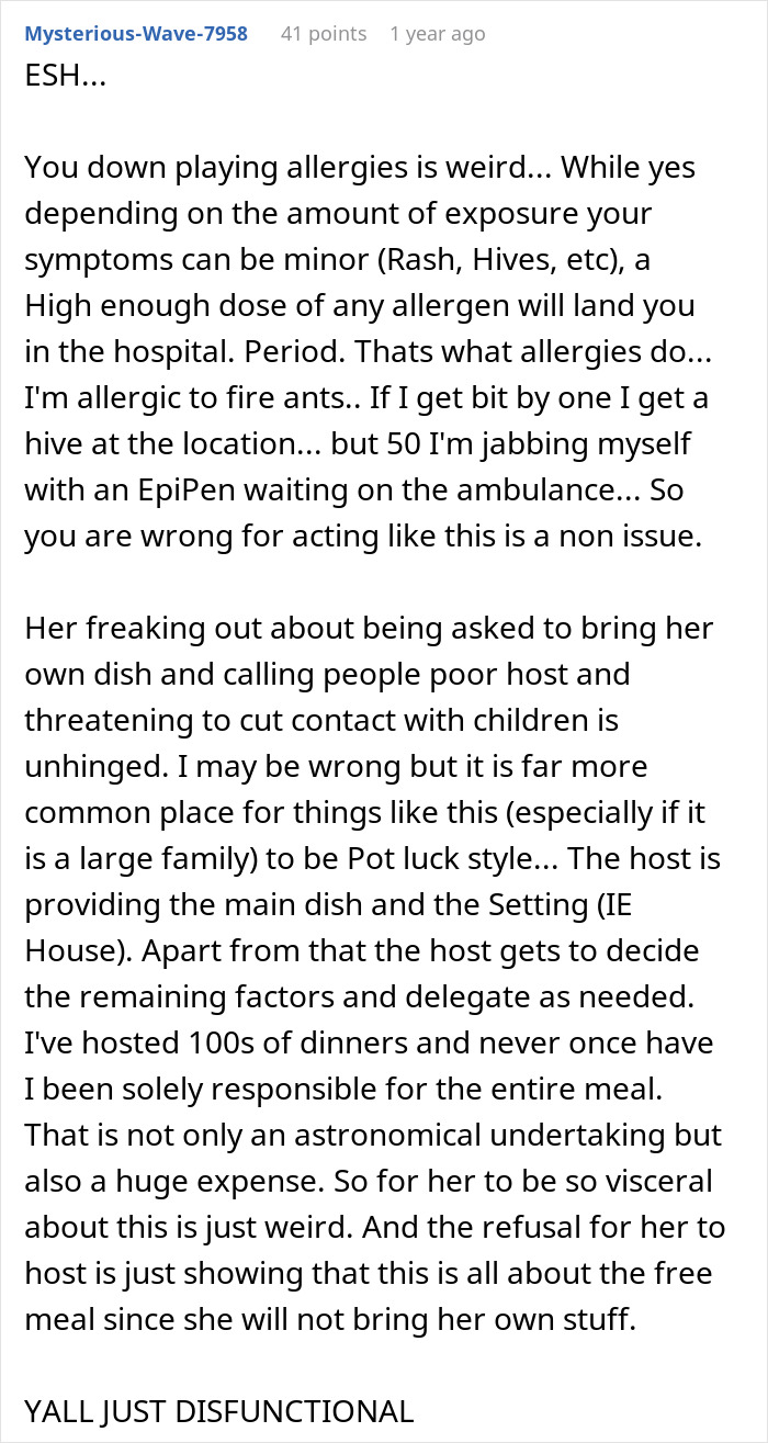 Commenter explains allergy severity and criticizes woman threatening to pull grandkids over family allergy demands.