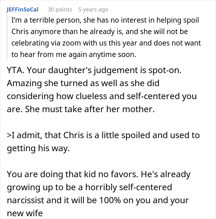 Screenshot of an online discussion about a dad demanding family skips Hanukkah gifts due to his spoiled son's tantrums.
