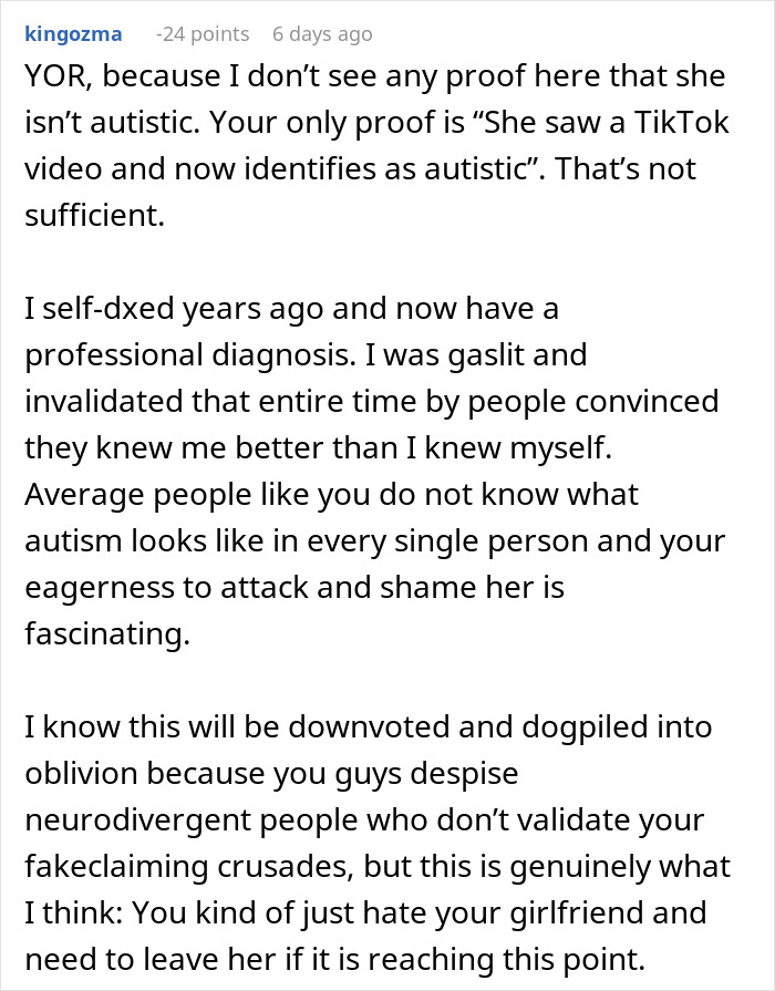 Comment discussing self-diagnosed autism and challenges in relationships with neurodivergent partners. Comment discussing self-diagnosed autism and challenges in relationships with neurodivergent partners.