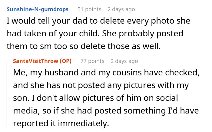 Screenshot of an online discussion about step-grandma sneaking baby to Santa and losing babysitting privileges forever. Screenshot of an online discussion about step-grandma sneaking baby to Santa and losing babysitting privileges forever.