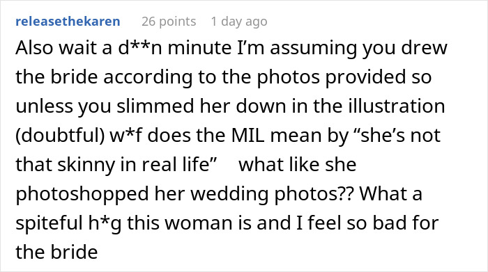 Comment discussing MIL’s plan to make the bride look ugly in wedding illustration, artist questions photo accuracy.