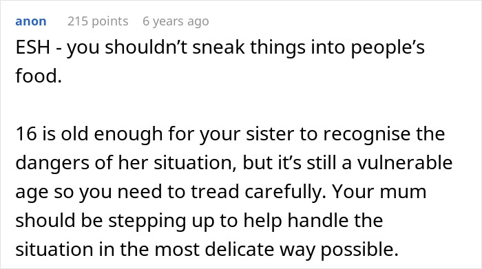 Screenshot of a comment discussing sneaking veggies into meals to protect a teen’s health and related family dynamics. Screenshot of a comment discussing sneaking veggies into meals to protect a teen’s health and related family dynamics.