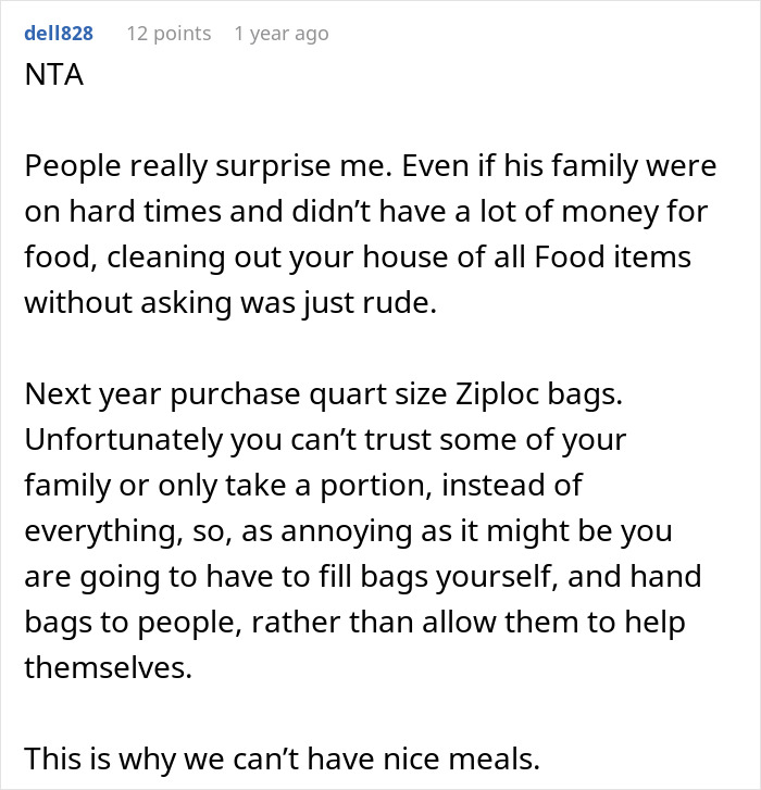 Screenshot of a Reddit comment discussing Thanksgiving host frustration after family clears leftovers, leaving an empty fridge.