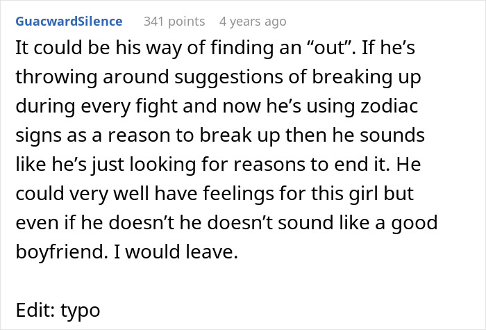 Comment discussing a boyfriend blaming breakup on zodiac signs, mentioning astrology and Cancer traits.