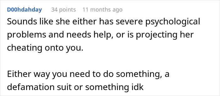 Screenshot of an online comment discussing psychological issues and defamation related to cheating accusations in a marriage. Screenshot of an online comment discussing psychological issues and defamation related to cheating accusations in a marriage.