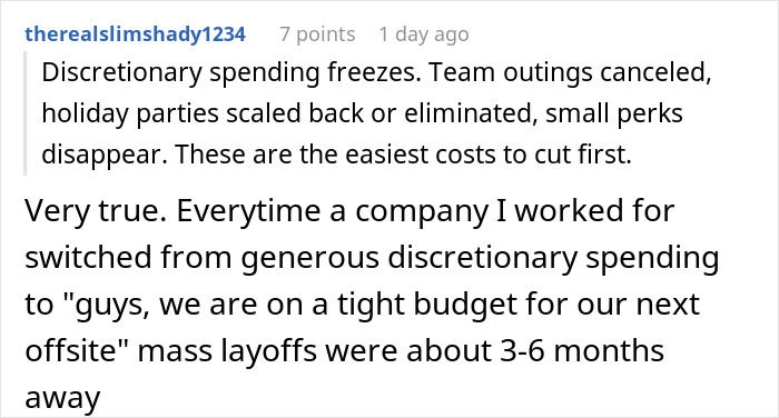 Comment about discretionary spending freezes as subtle red flags indicating job insecurity and potential layoffs in a company. Comment about discretionary spending freezes as subtle red flags indicating job insecurity and potential layoffs in a company.